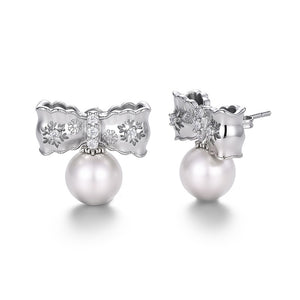 Open Snowflake Bow Pearl Drop Stud Earrings