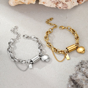 Dainty Barrel Link Heart Charm Chain Bracelet