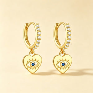 Blue Stone Evil Eye Heart Drop Hoop Earrings