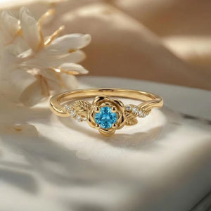 Botanical Rose Flower Vine Blue CZ Band Ring