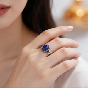 Oval Cabochon Blue Stone Wheat Stack Ring