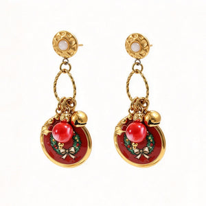 Enamel Christmas Wreath Drop Stud Earrings