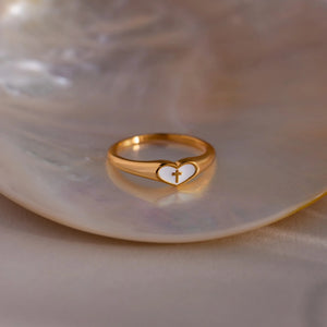 Classic Enamel Heart Cross Signet Band Ring