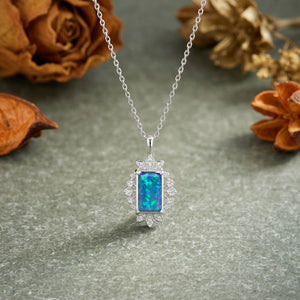 Emerald Blue Opal Halo CZ Pendant Necklace