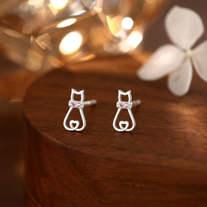 Openwork Cat Pink CZ Heart Tail Stud Earrings