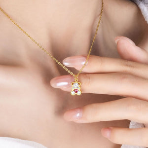 Funny Teddy Bear Heart CZ Pendant Necklace