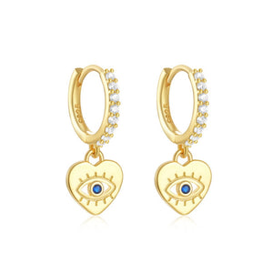 Blue Stone Evil Eye Heart Drop Hoop Earrings