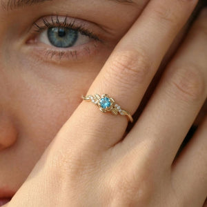 Botanical Rose Flower Vine Blue CZ Band Ring