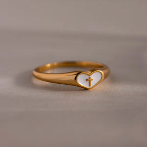 Classic Enamel Heart Cross Signet Band Ring