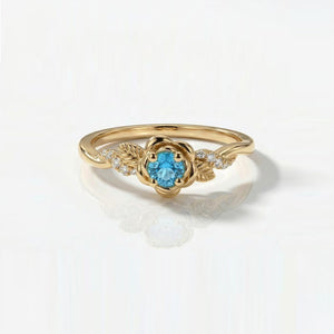 Botanical Rose Flower Vine Blue CZ Band Ring