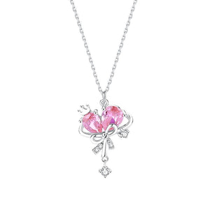 Pink Heart Crown Bow Knot Pendant Necklace