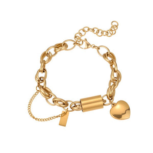 Dainty Barrel Link Heart Charm Chain Bracelet
