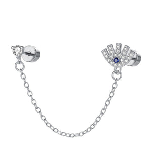 Dainty Evil Eye Chain Double Piercing Earrings