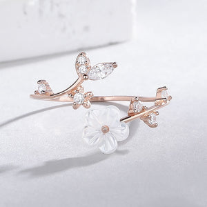 Camellia Flower Vine Leaf Open Bypass Ring
