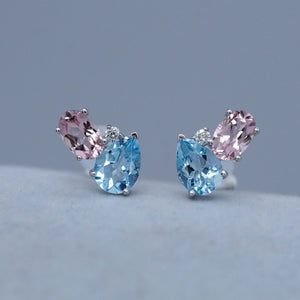Dainty Pink Blue Crystal Cluster Stud Earrings