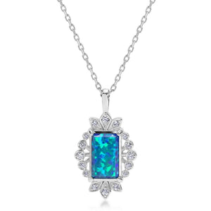 Emerald Blue Opal Halo CZ Pendant Necklace