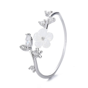 Camellia Flower Vine Leaf Open Bypass Ring