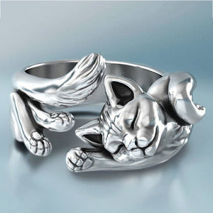 Vintage Black Oxidized Sleeping Cat Open Ring