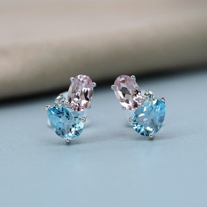 Dainty Pink Blue Crystal Cluster Stud Earrings