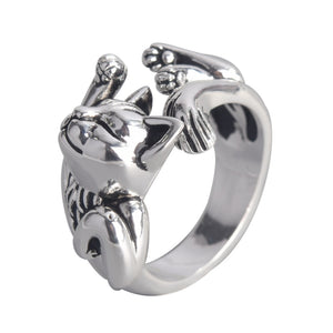 Vintage Black Oxidized Sleeping Cat Open Ring