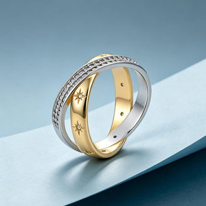 Two-Tone Star Engraved Crisscross Band Ring
