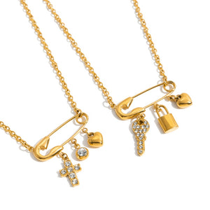 Gold Safety Pin Cross Key Heart Necklace
