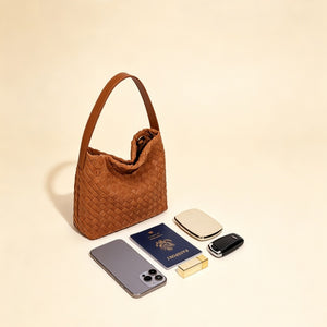 Woven Leather Suede Hobo Shoulder Handbag