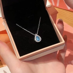 Dainty Blue Teardrop Halo Pendant Necklace