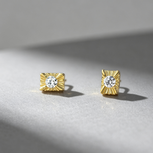 Carved Sunburst Rectangular CZ Stud Earrings