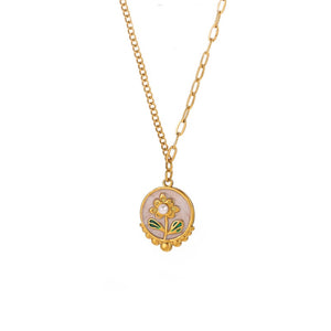 Vintage Enamel Floral Pearl Pendant Necklace