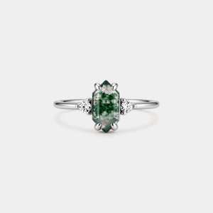 Hexagon Cut Moss Agate Statement Ring