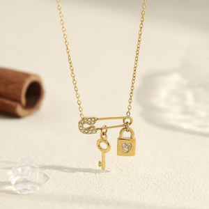 Safety Pin Key Lock Crystal Pendant Necklace