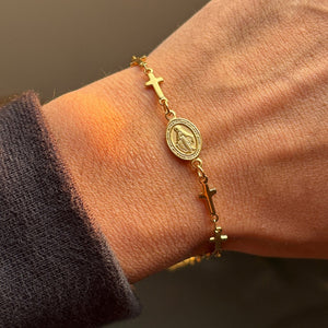 Virgin Mary Medal Multi Cross Link Bracelet