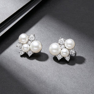Elegant Triple Pearl CZ Cluster Stud Earrings