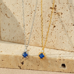 Blue Square CZ Floral Frame Charm Necklace