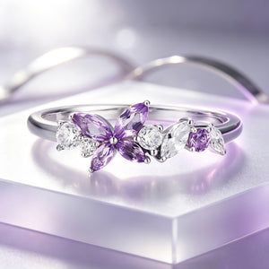 Elegant Purple Butterfly CZ Cluster Band Ring