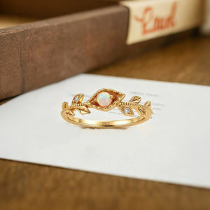 Minimalist White Opal Leaf Branch Band Ring
