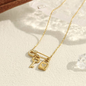 Safety Pin Key Lock Crystal Pendant Necklace