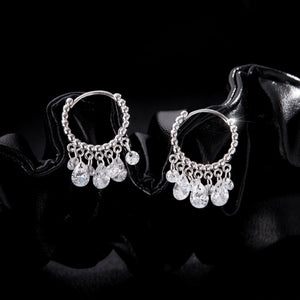 Dainty CZ Tassel Drop Beaded Hoop Earrings
