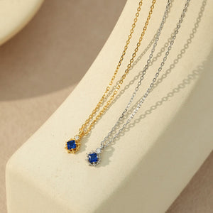 Blue Square CZ Floral Frame Charm Necklace
