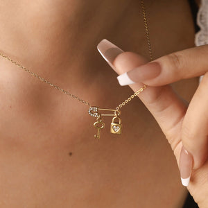 Safety Pin Key Lock Crystal Pendant Necklace