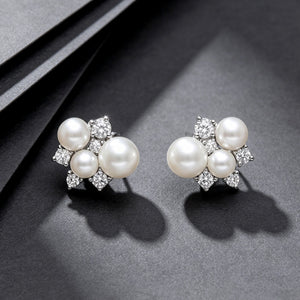 Elegant Triple Pearl CZ Cluster Stud Earrings