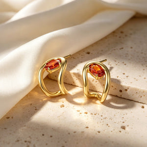 Red Oval-Cut CZ Abstract Fluid Hoop Earrings