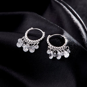 Dainty CZ Tassel Drop Beaded Hoop Earrings