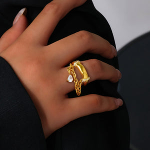 Chunky Dome Pear CZ Drop Chain Band Ring