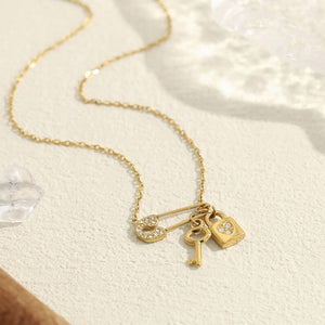 Safety Pin Key Lock Crystal Pendant Necklace
