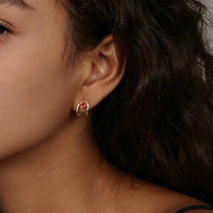 Red Oval-Cut CZ Abstract Fluid Hoop Earrings