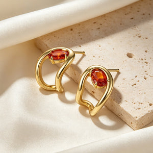 Red Oval-Cut CZ Abstract Fluid Hoop Earrings