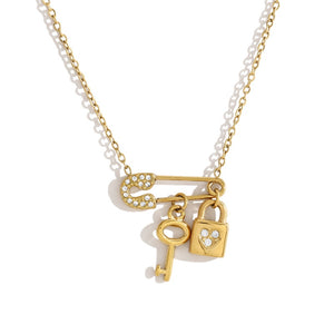 Safety Pin Key Lock Crystal Pendant Necklace