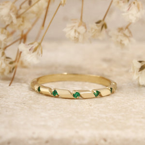 Tiny Green CZ Half Twisted Ribbon Band Ring